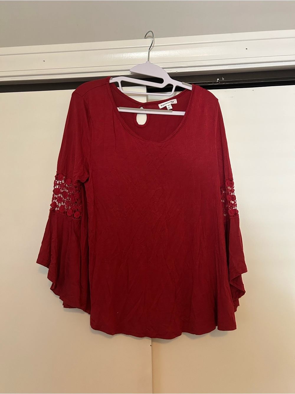 Roommates Burgundy Bell Sleeve Top with Lace Insets